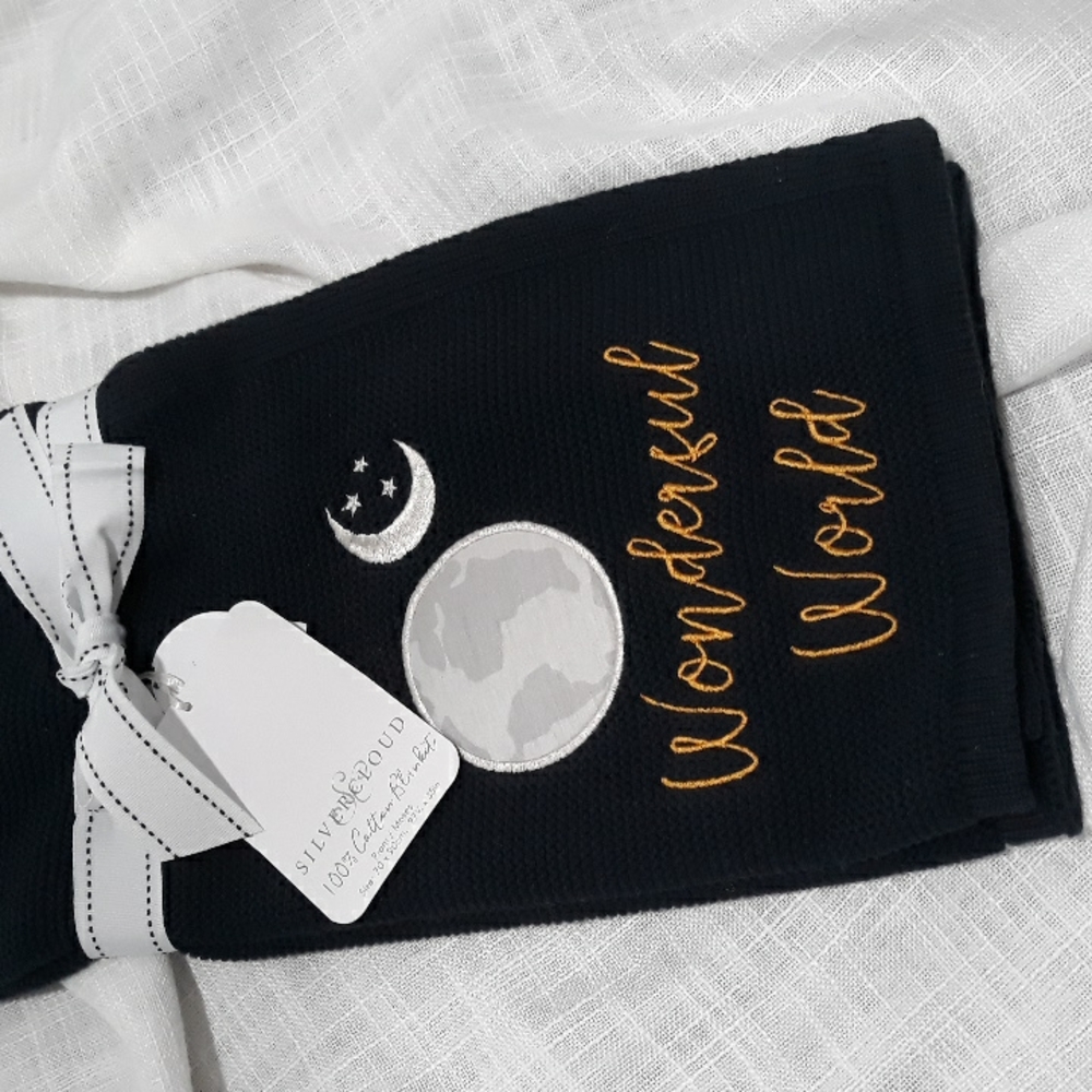 Silver Cloud Wonderful World embroidered blue cotton blanket. NWT. 27.5 x 35